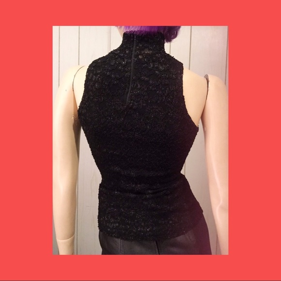 VTG 80s Glittery Black Lace High Collar Shell Top GANTOS - Picture 6 of 8